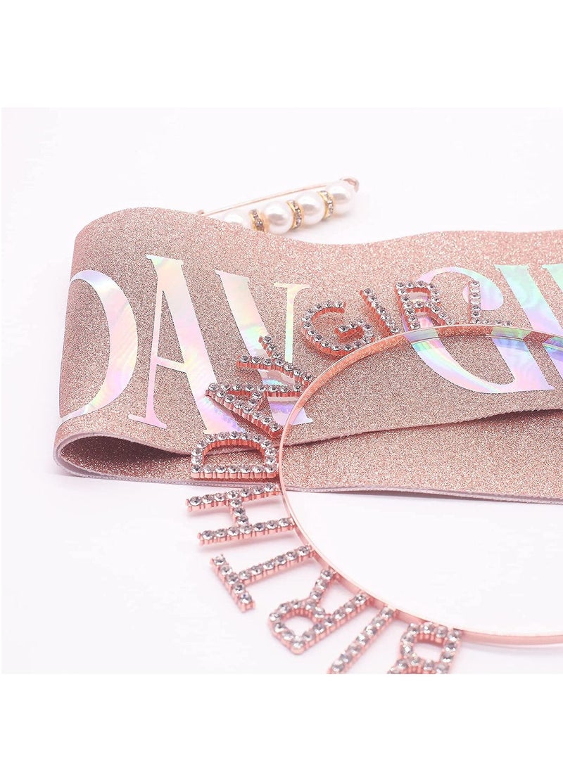 MARGOUN Birthday Girl Sash and Rhinestone Diamond Headband Set Girls Women Birthday Decoration Party Supplies Rose Gold - Image 3