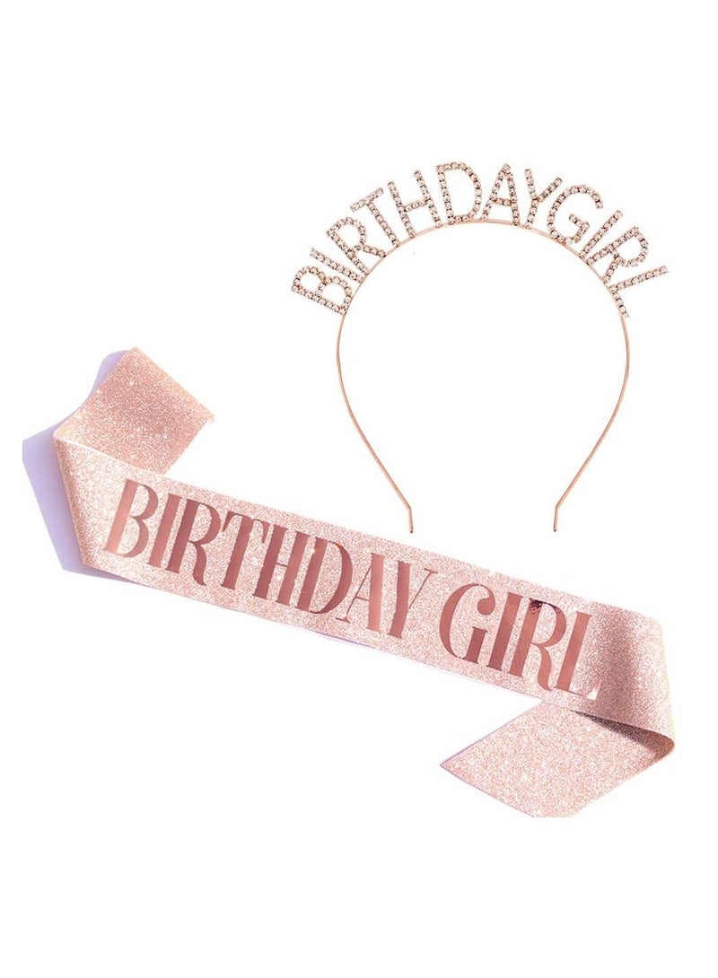 MARGOUN Birthday Girl Sash and Rhinestone Diamond Headband Set Girls Women Birthday Decoration Party Supplies Rose Gold - Image 1