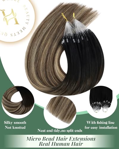 Ugeat Micro Link Hair Extensions Natural Black to Dark Brown Mix Caramel Brown Balayage Micro Ring Real Human Hair Extensions Long Length Trendy and Premium Quality for Office Wear 24 Inch 50s 50g - Image 2