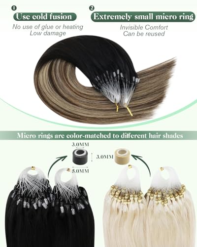 Ugeat Micro Link Hair Extensions Natural Black to Dark Brown Mix Caramel Brown Balayage Micro Ring Real Human Hair Extensions Long Length Trendy and Premium Quality for Office Wear 24 Inch 50s 50g - Image 3