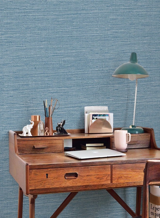 JiffDiff Grasscloth Wallpaper Peel and Stick Blue Grassweave Peel & Stick Wallpaper Textured Stick on Wallpaper Contact Paper 17.3"x118" - Image 4