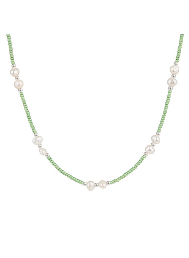 Minza “Medusa” Women’s Necklace, Sterling Silver 925 with Green Czech Seed Beads & Cultured Pearls, Adjustable Necklace for Women, Jewelry for Casual & Special Occasion - Image 1