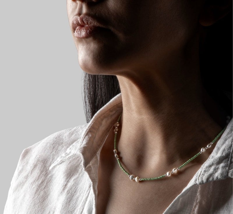 Minza “Medusa” Women’s Necklace, Sterling Silver 925 with Green Czech Seed Beads & Cultured Pearls, Adjustable Necklace for Women, Jewelry for Casual & Special Occasion - Image 2