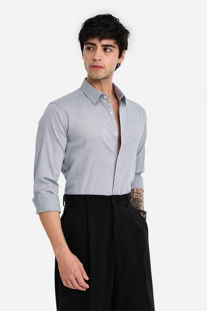 سنيتش Grey Checkered Long Sleeve Slim Fit Casual Shirt