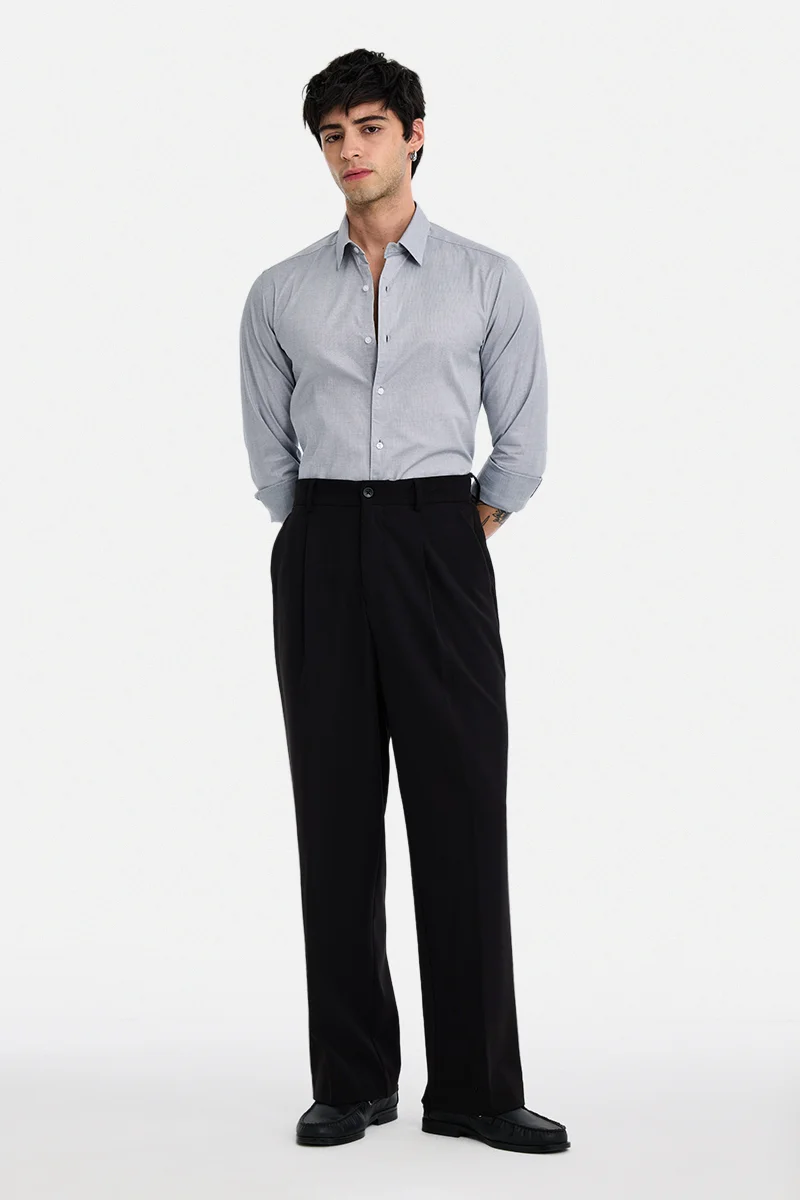 سنيتش Grey Checkered Long Sleeve Slim Fit Casual Shirt