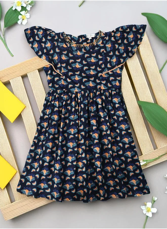 BELLA MODA Bella Moda All-Over Print Flutter Sleeves Dress with Lace Trim