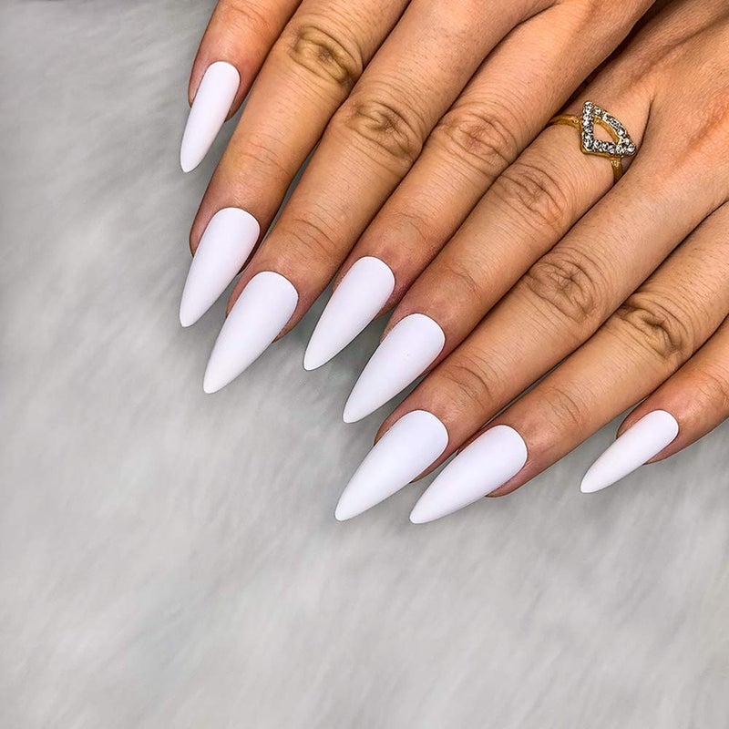 morily 24pcs Fake Nails Matte Pure Color Medium Long Stiletto Almond Press on Nails False Tips Artificial Finger Manicure for Women (White) - Image 1