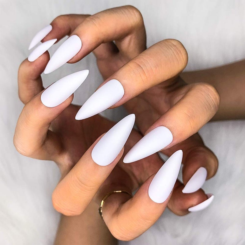 morily 24pcs Fake Nails Matte Pure Color Medium Long Stiletto Almond Press on Nails False Tips Artificial Finger Manicure for Women (White) - Image 2