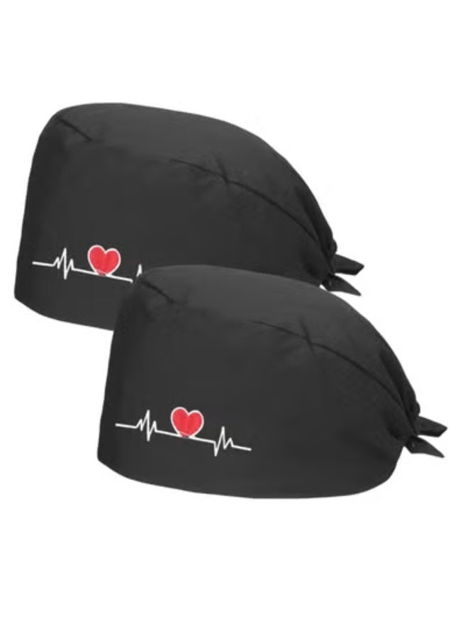 TLAXCA 2 Pack Surgical Caps, Unisex Dental Stomatologist Operating Room Nurse Caps, Adjustable Elastic Nursing Caps with Buttons and Sweatband, Fluffy Cotton Hats (Black)  - Image 1