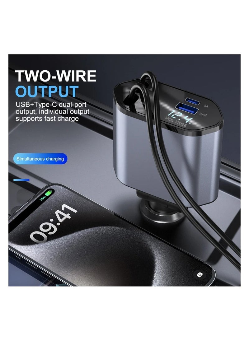 Raxoom - Car Charger - Fast Charging 4-in-1 Adapter with Collapsible Lightning & Type C Cables, Dual USB Ports & Voltage Display - Compatible with iPhone, iPad, Galaxy -Powerfull Output - Image 1