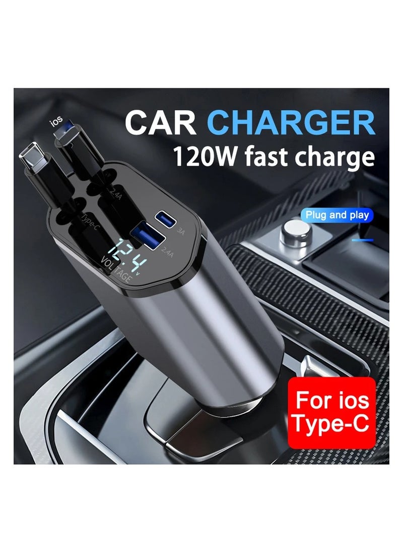 Raxoom - Car Charger - Fast Charging 4-in-1 Adapter with Collapsible Lightning & Type C Cables, Dual USB Ports & Voltage Display - Compatible with iPhone, iPad, Galaxy -Powerfull Output - Image 1