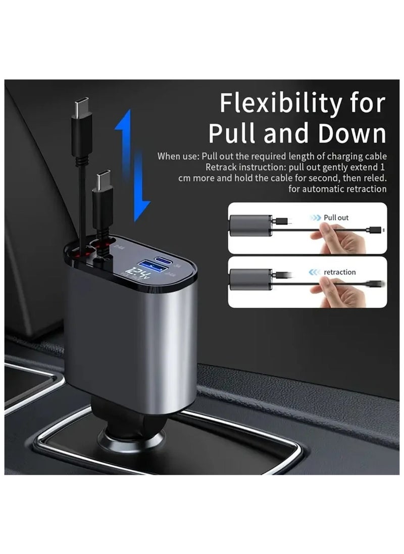 Raxoom - Car Charger - Fast Charging 4-in-1 Adapter with Collapsible Lightning & Type C Cables, Dual USB Ports & Voltage Display - Compatible with iPhone, iPad, Galaxy -Powerfull Output - Image 1