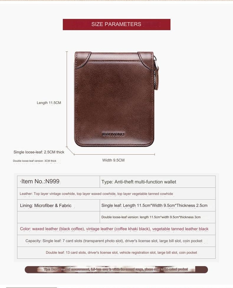 بانيانو محفظة قصيرة من الجلد الطبيعي ذات سعة كبيرة للرجال متعددة الوظائف من جلد البقر باللون الأسود - نمط ورقة مزدوجة - Image 4