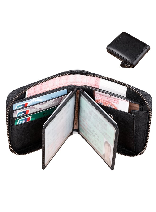 بانيانو محفظة قصيرة من الجلد الطبيعي ذات سعة كبيرة للرجال متعددة الوظائف من جلد البقر باللون الأسود - نمط ورقة مزدوجة - Image 2