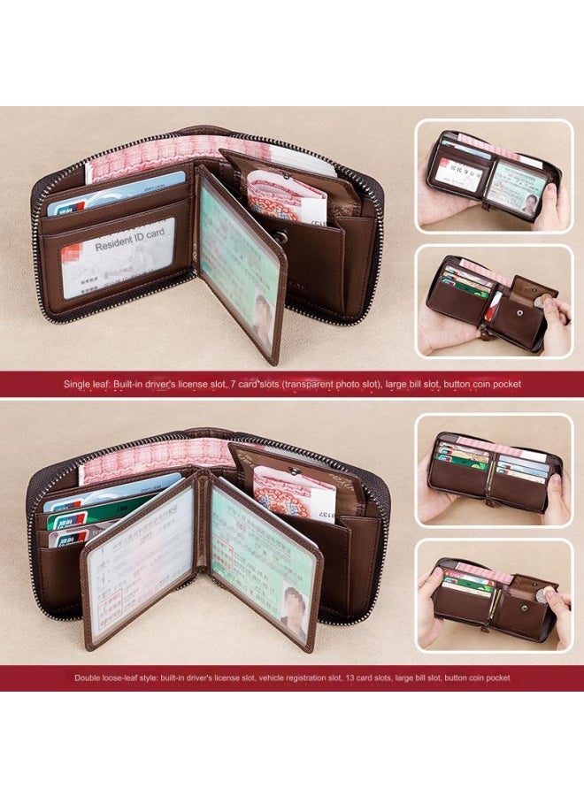 بانيانو محفظة قصيرة من الجلد الطبيعي ذات سعة كبيرة للرجال متعددة الوظائف من جلد البقر باللون الأسود - نمط ورقة مزدوجة - Image 3