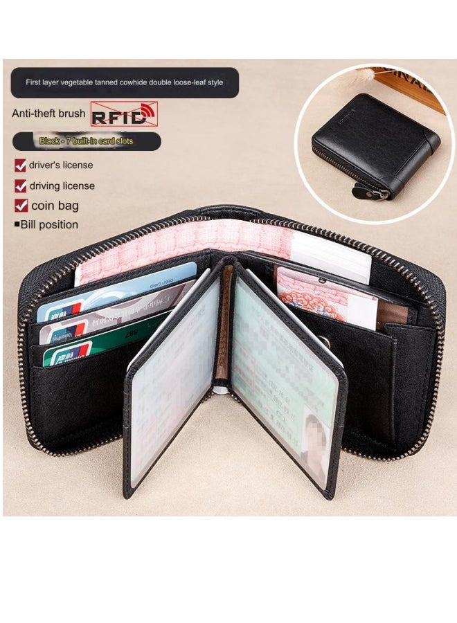 بانيانو محفظة قصيرة من الجلد الطبيعي ذات سعة كبيرة للرجال متعددة الوظائف من جلد البقر باللون الأسود - نمط ورقة مزدوجة - Image 1