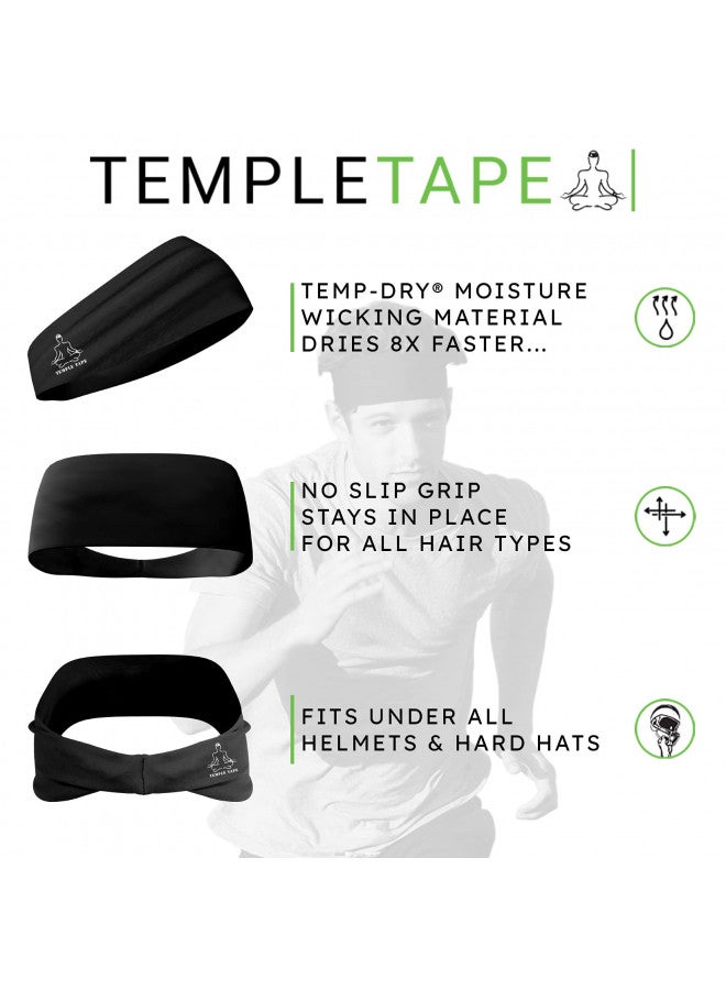 Temple Tape, Value 2-Pack, Mens Headband - Guys Sports Headbands Moisture Wicking Workout Sweatbands for Running, Cross Training, Skiing and Bike Helmet Friendly - 1-Black & 1-Gray Sweatband - Image 1