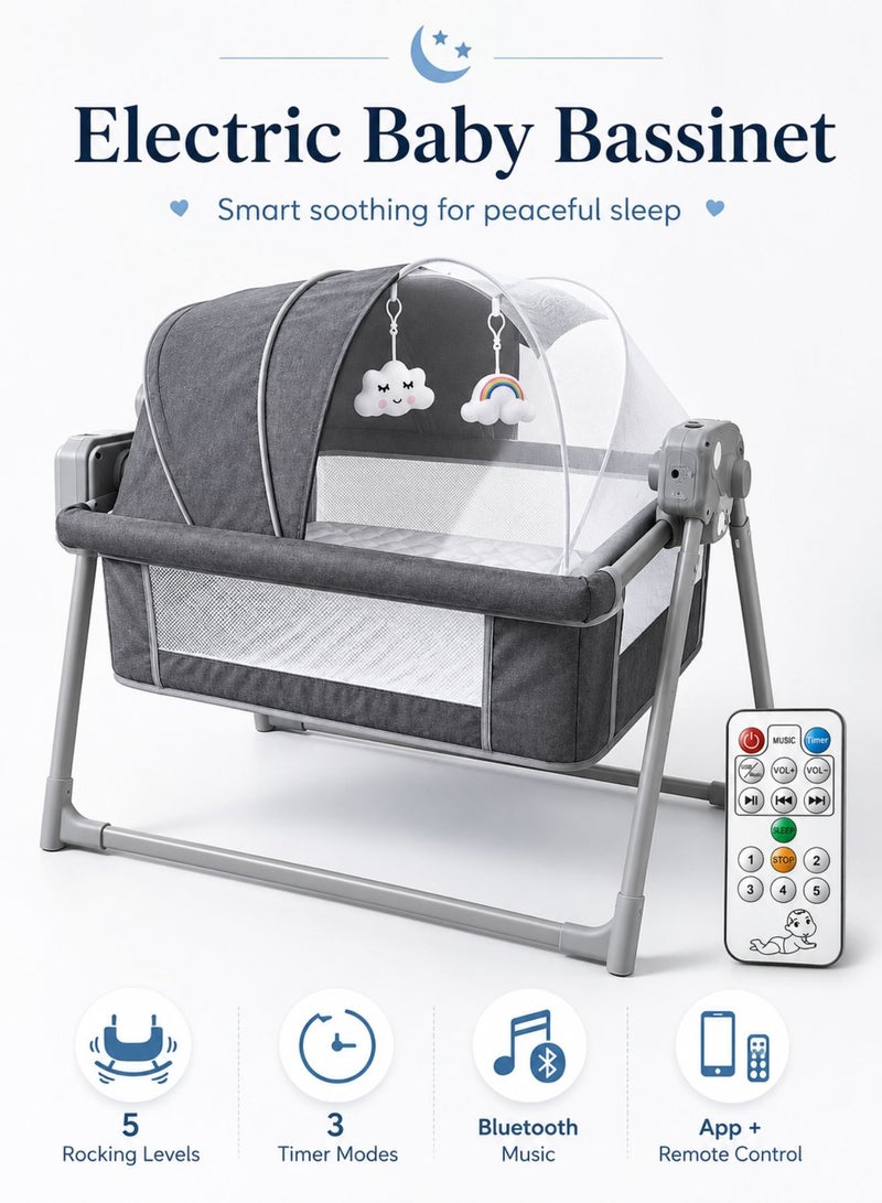 Zaprus Electric Baby Bed Bassinet with Bluetooth Music, Remote Control & App Control – 5-Level Automatic Rocking Baby Cradle with Timer, Lights, Mattress, Mosquito Net, Hanging Toys & Breathable Mesh Sides – Grey - Image 1