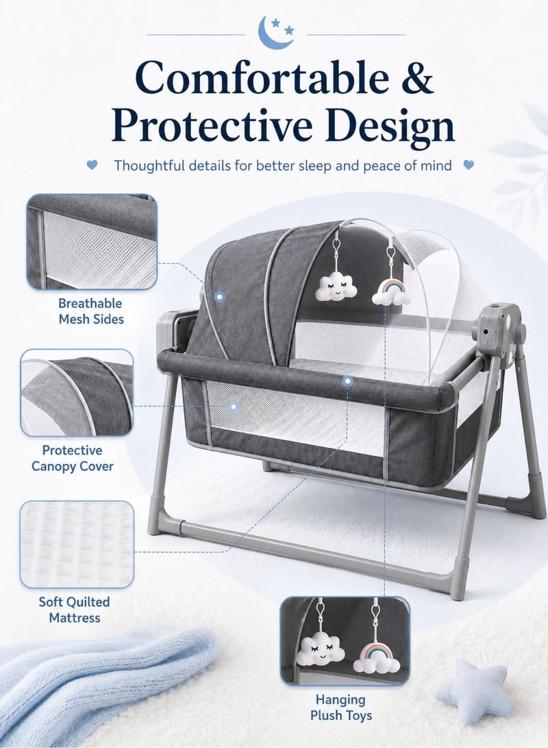 Zaprus Electric Baby Bed Bassinet with Bluetooth Music, Remote Control & App Control – 5-Level Automatic Rocking Baby Cradle with Timer, Lights, Mattress, Mosquito Net, Hanging Toys & Breathable Mesh Sides – Grey - Image 4