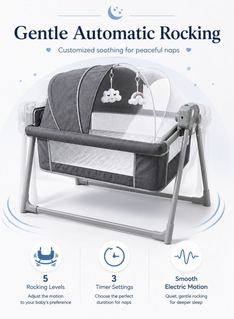 Zaprus Electric Baby Bed Bassinet with Bluetooth Music, Remote Control & App Control – 5-Level Automatic Rocking Baby Cradle with Timer, Lights, Mattress, Mosquito Net, Hanging Toys & Breathable Mesh Sides – Grey - Image 2