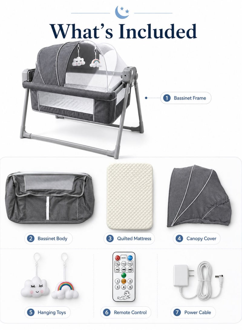 Zaprus Electric Baby Bed Bassinet with Bluetooth Music, Remote Control & App Control – 5-Level Automatic Rocking Baby Cradle with Timer, Lights, Mattress, Mosquito Net, Hanging Toys & Breathable Mesh Sides – Grey - Image 5