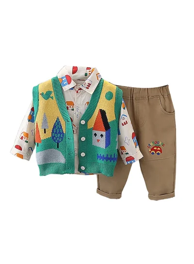LITTLE SURPRISE BOX 3pcs Green Village Theme CardiganShirt and matching Pants set for Toddlers and Kidswinter and all season wear
