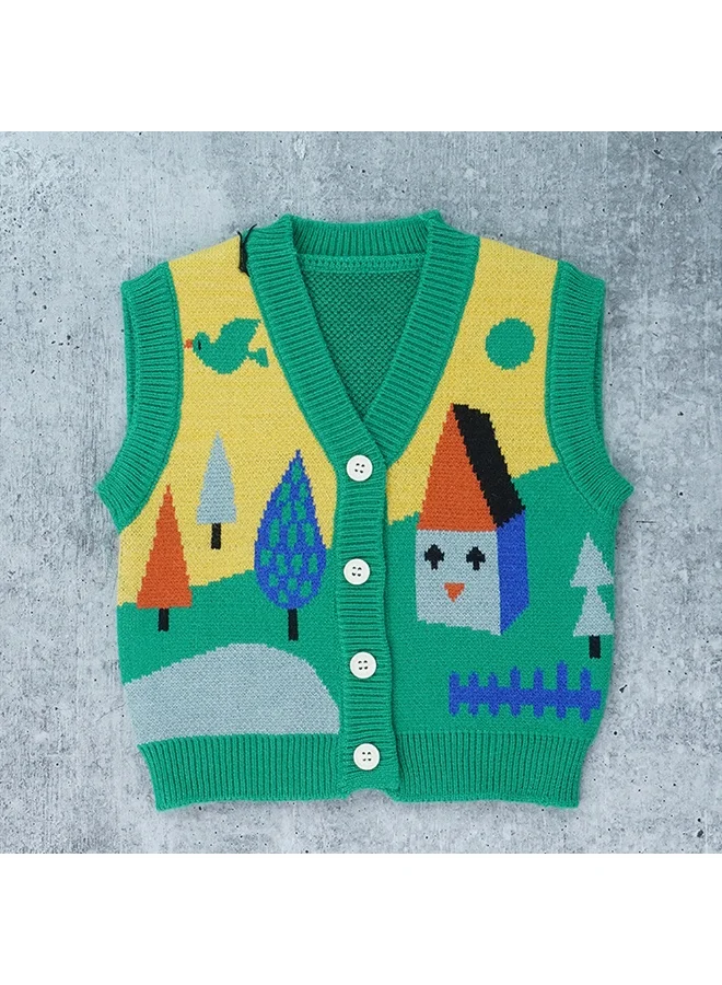LITTLE SURPRISE BOX 3pcs Green Village Theme CardiganShirt and matching Pants set for Toddlers and Kidswinter and all season wear