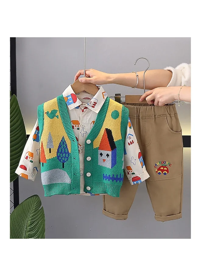 LITTLE SURPRISE BOX 3pcs Green Village Theme CardiganShirt and matching Pants set for Toddlers and Kidswinter and all season wear-2-3Y