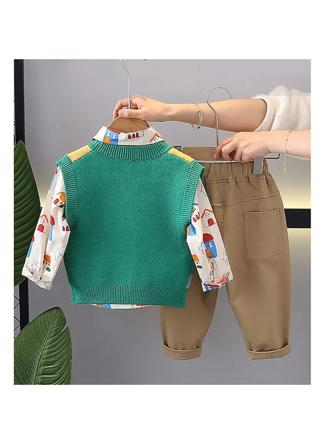 LITTLE SURPRISE BOX 3pcs Green Village Theme CardiganShirt and matching Pants set for Toddlers and Kidswinter and all season wear