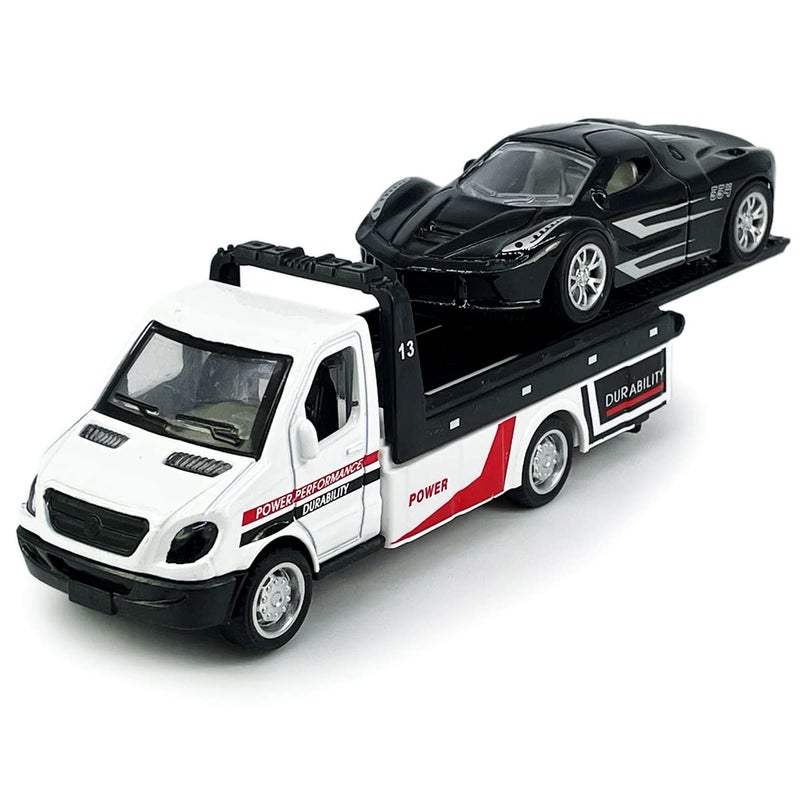 Metanyl Flatbed Truck Toy Rescue Tow Truck Transport Trailer Car Carrier Metal Diecast Pull Back Vehicles 2 in 1 Vehicle Playset Toy Trucks for Boys Kids Toddlers Birthday Gifts for Age 3 4 5 6 White - Image 3