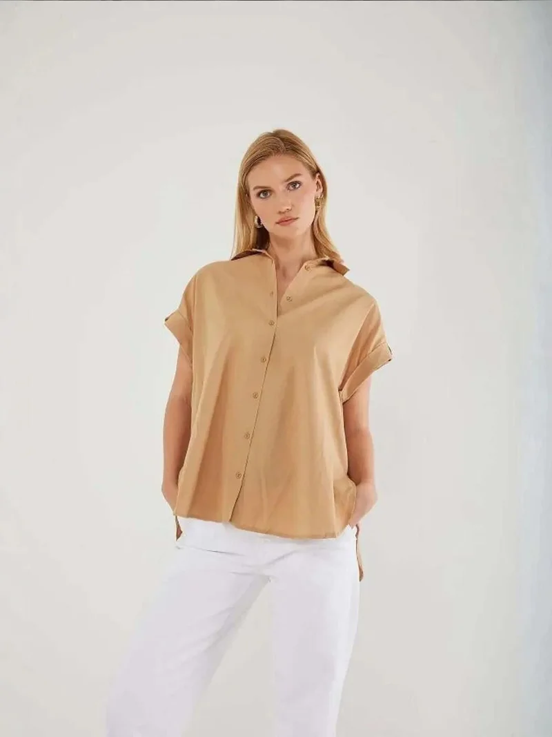 MixRay Oversized Short Sleeve Poplin Button-Up Shirt