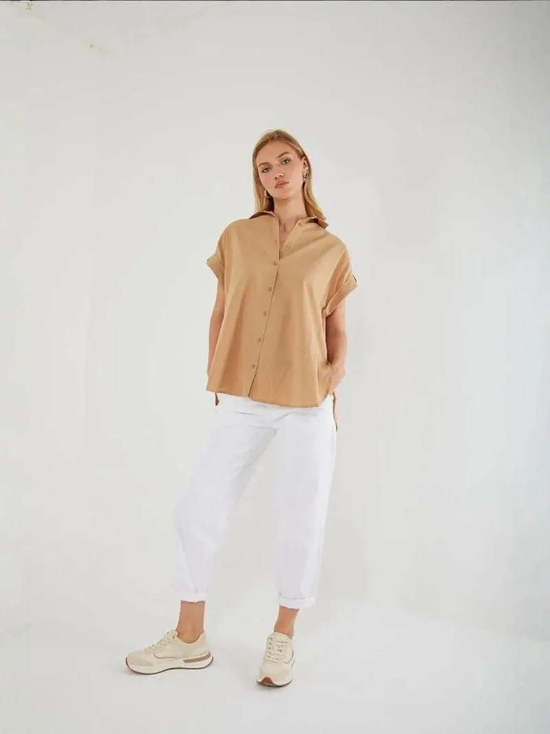 MixRay Oversized Short Sleeve Poplin Button-Up Shirt