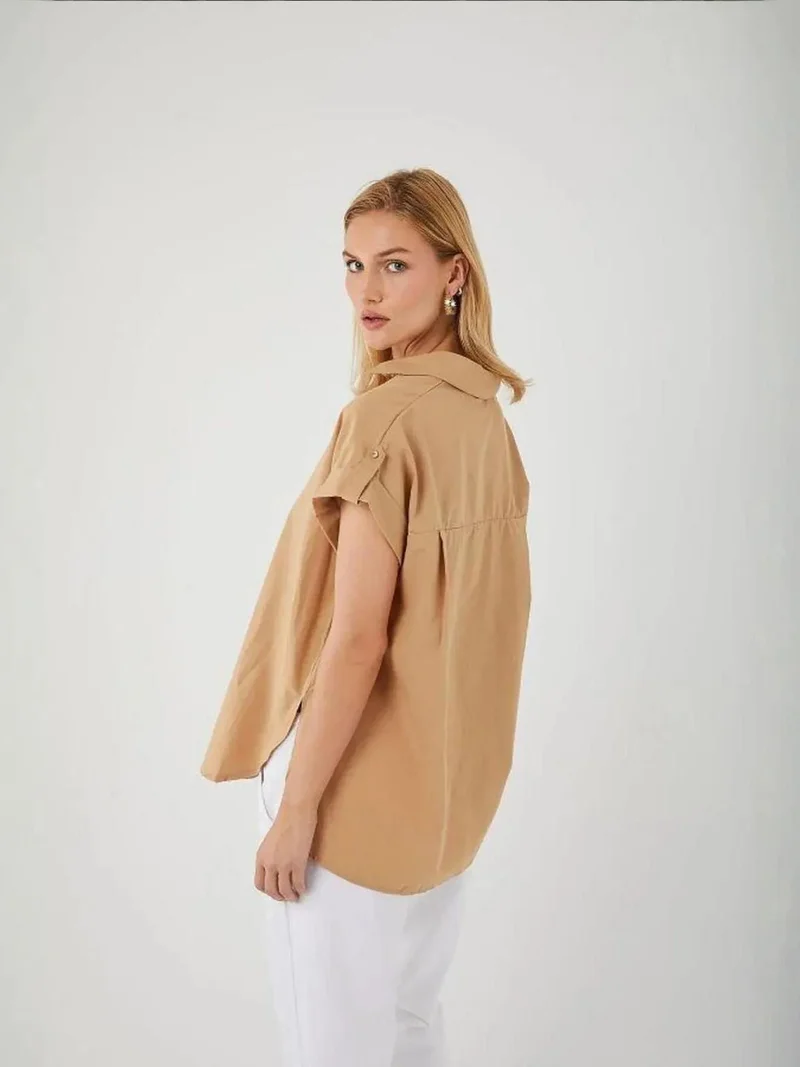 Mixray Beige Natural Oversized Short Sleeve Poplin Button-Up Shirt for Women | Best Price UAE