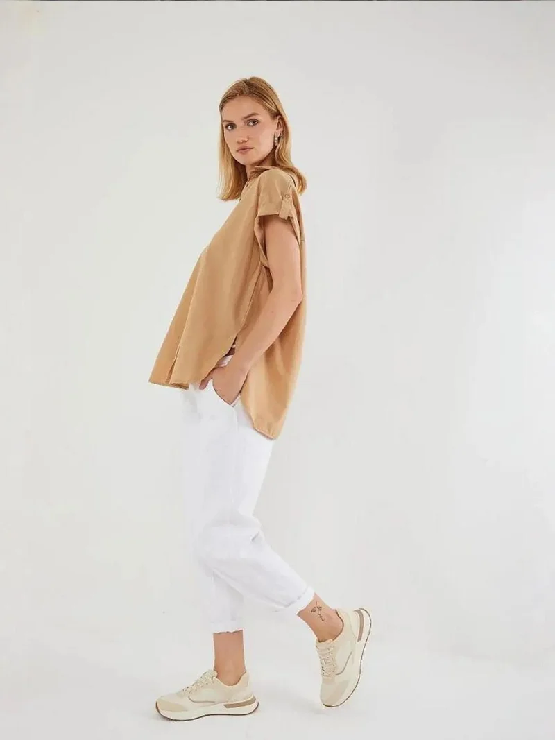 Mixray Beige Natural Oversized Short Sleeve Poplin Button-Up Shirt for Women | Best Price UAE