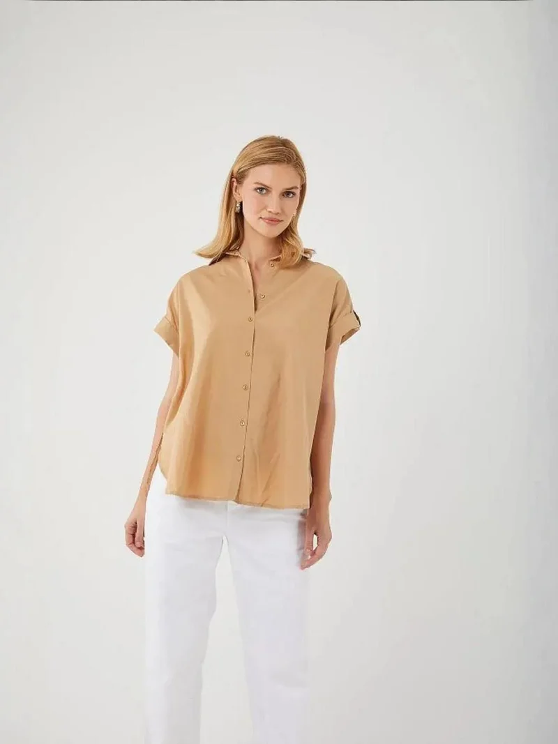 Mixray Beige Natural Oversized Short Sleeve Poplin Button-Up Shirt for Women | Best Price UAE