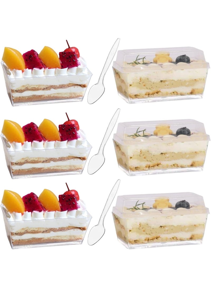 Arabest 100 Set 140ml/4.8 oz Clear Dessert Cups with Lids and Spoons, Rectangular Dessert Cups, Mini Clear Appetiser Serving Bowls for Desserts, Mousse, Puddings - Image 1