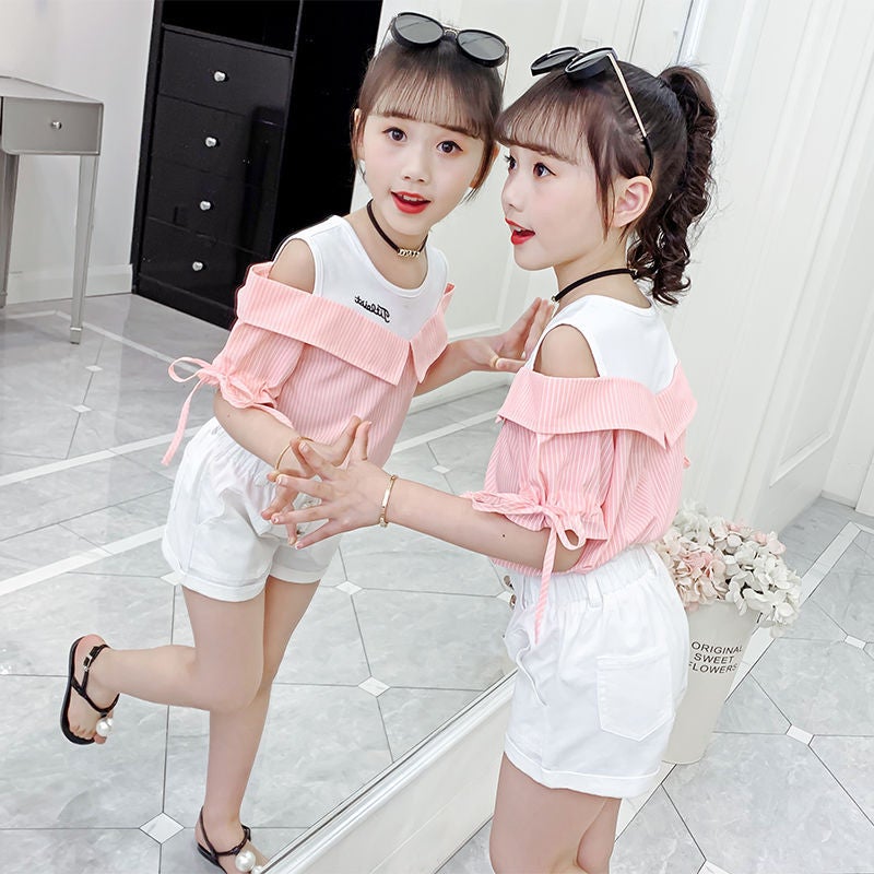Childrens Wear Summer Girls suit Summer Wear Short-sleeved T-shirt Shoulder Top Shorts Childrens Stylike Two-piece Set Pink (set)