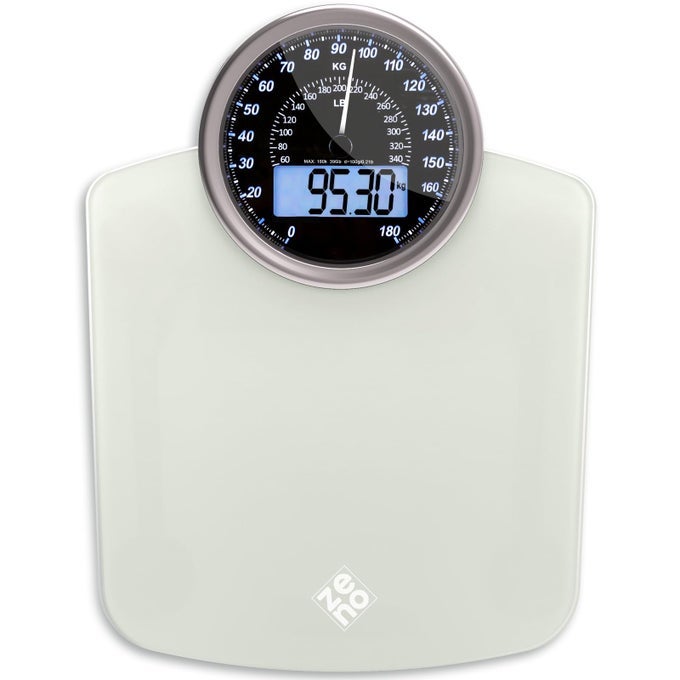 HYBRID 2-IN-1 ANALOG & DIGITAL WEIGHING SCALE FOR BODY WEIGHT UP TO 180KG - THICK TEMPERED GLASS - EXTRA LARGE DISPLAY - EASY TO READ DIGITAL BATHROOM SCALE - NEW VERSION - FROST WHITE