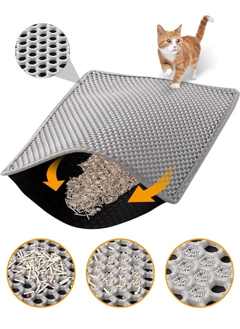 Cat Litter Mat Double Layer Waterproof Trapping Mat Litter Box Mat for Kitty EVA Honeycomb Double Layer Design Urine & Waterproof Scatter Control, Less Waste, Easier To Clean,Non Slip, Gray (15*60cm)