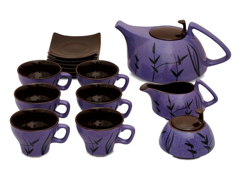 Caffeine Ceramic Handmade Stoneware Violet Matte Leaf Printed Tea Set 15 pcs Microwave Dishwasher Safe Tea Set - Image 1