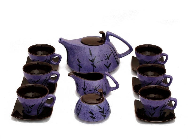 Caffeine Ceramic Handmade Stoneware Violet Matte Leaf Printed Tea Set 15 pcs Microwave Dishwasher Safe Tea Set - Image 2