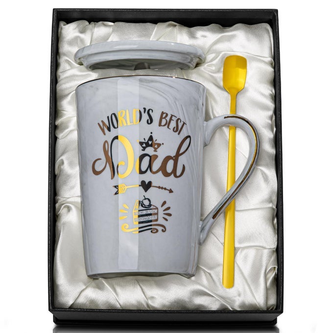 BIRTHDAY GIFTS FOR DAD FROM DAUGHTER SON OR WIFE WORLDS BEST DAD MUG 14OZ UNIQUE GREY MARBLE COFFEE CUP WITH GOLD PRINT FUNNY CHRISTMAS FATHERS DAY PRESENT WITH LID SPOON CARD LUXURY GIFT BOX