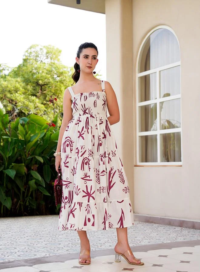 Sanskrutihomes Off-White Abstract Print Sleeveless Midi Dress