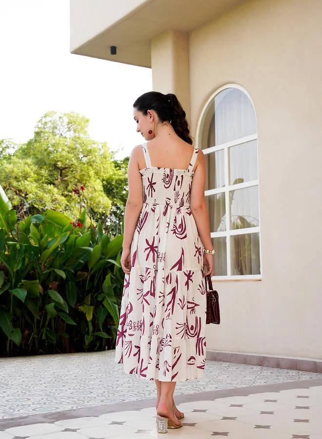 Sanskrutihomes Off-White Abstract Print Sleeveless Midi Dress
