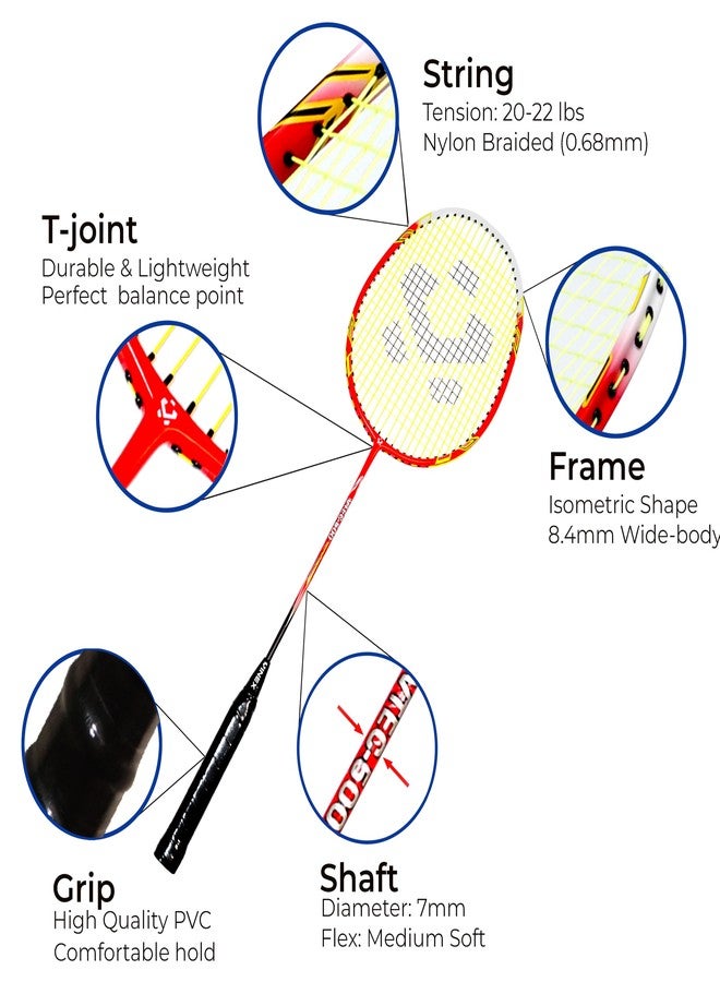 Vinex VTEC 500 Badminton Racquet - 1 Pc | Aluminium Head & Carbon Shaft | Iso-de-octablade Box Frame, 20-22lbs Tension | Lightweight 92g Racket | Without Bag - Image 2