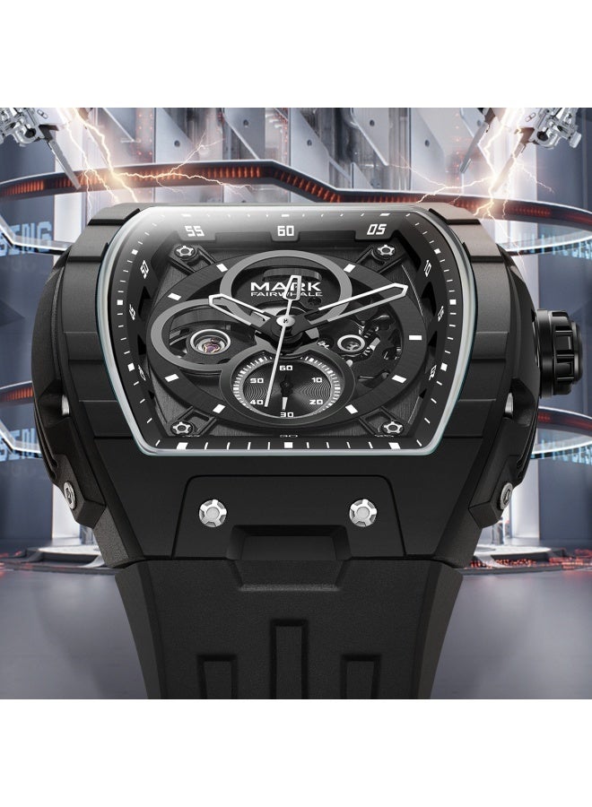 Mark Fairwhale Men's Multi-Function Chronograph Skeleton Watch - Water Resistant, Luminous, Fashion Design, Black Dial & Black Silicone Strap - Image 2