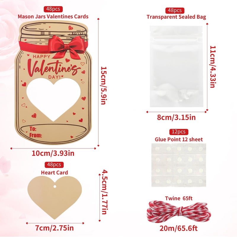 Fangoo 48 Pack Mason Jar Valentines Day Greeting Cards Valentine Exchange Gift Cards Bulk For Kid Boys Girls Toddler School Class Classroom Party Favors - Image 2