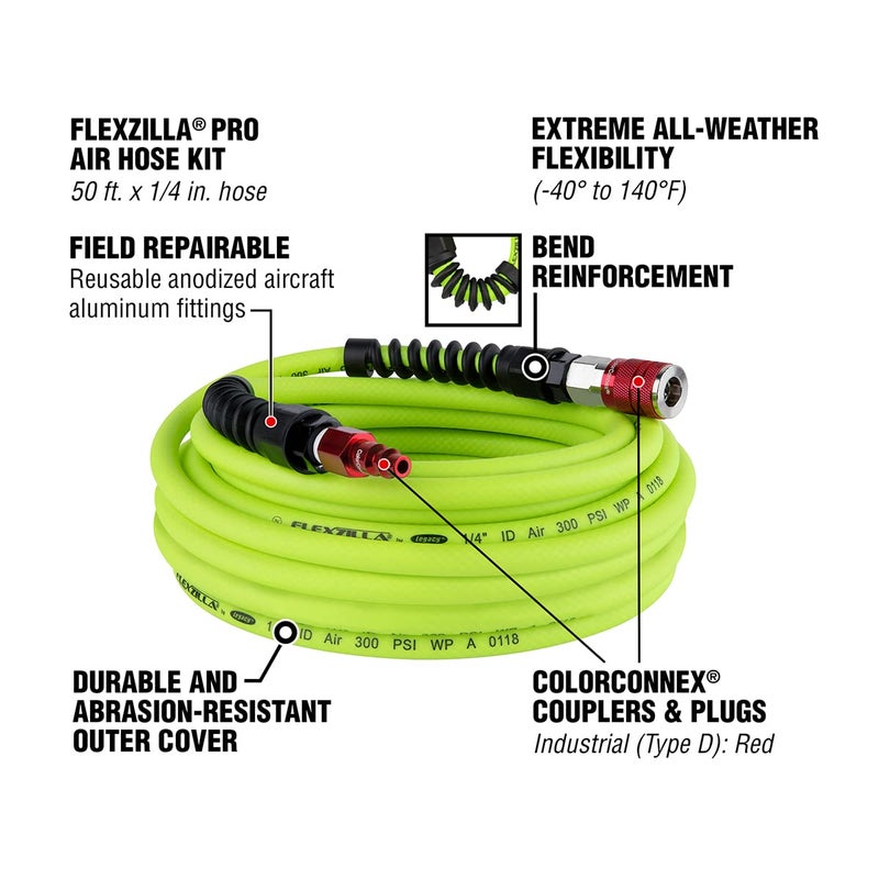 Flexzilla Pro Air Hose with ColorConnex Industrial Type D Coupler and Plug, 1/4 in. x 50 ft. - HFZP1450YW2-D - Image 3