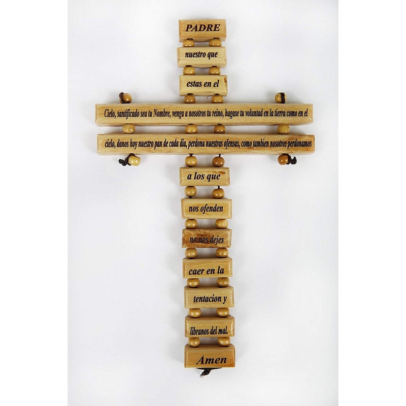 Bethlehem Treasures Olive Wood Crucifix  Wall Cross adorned with Our Father Prayer Spanish Small Version from Jerusalem An Ideal Religious Gift for Christmas or any other Christian Holiday