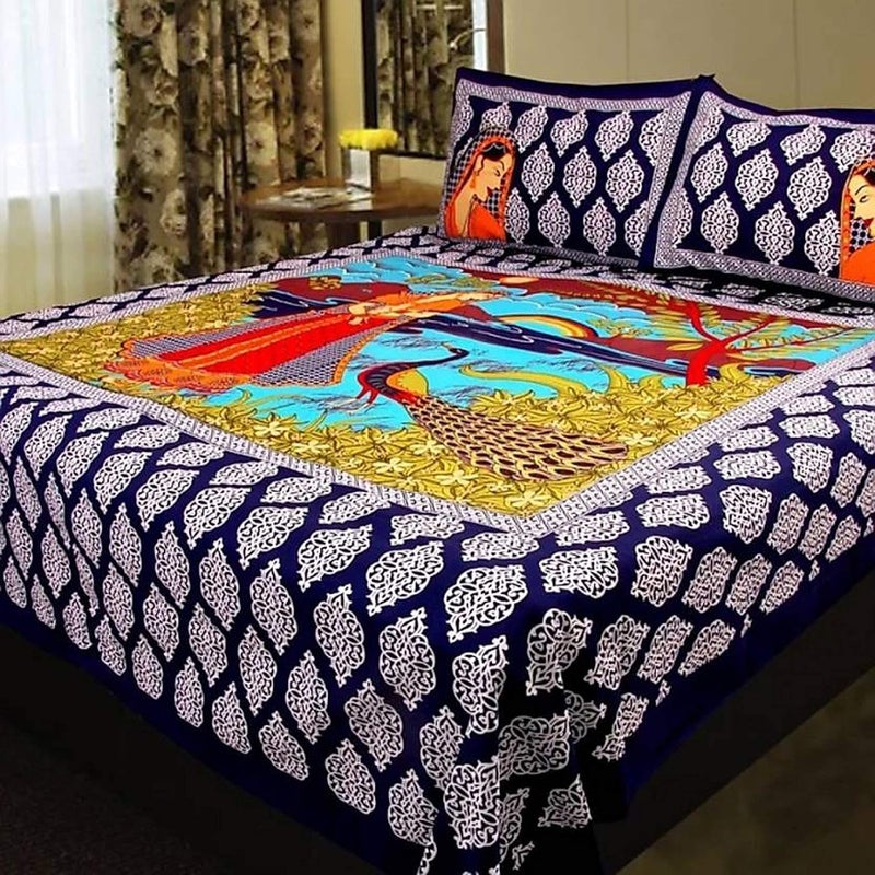 UNIBLISS 100 Cotton Rajasthani Jaipuri Double Bedsheet with 2 Pillow Covers Blue